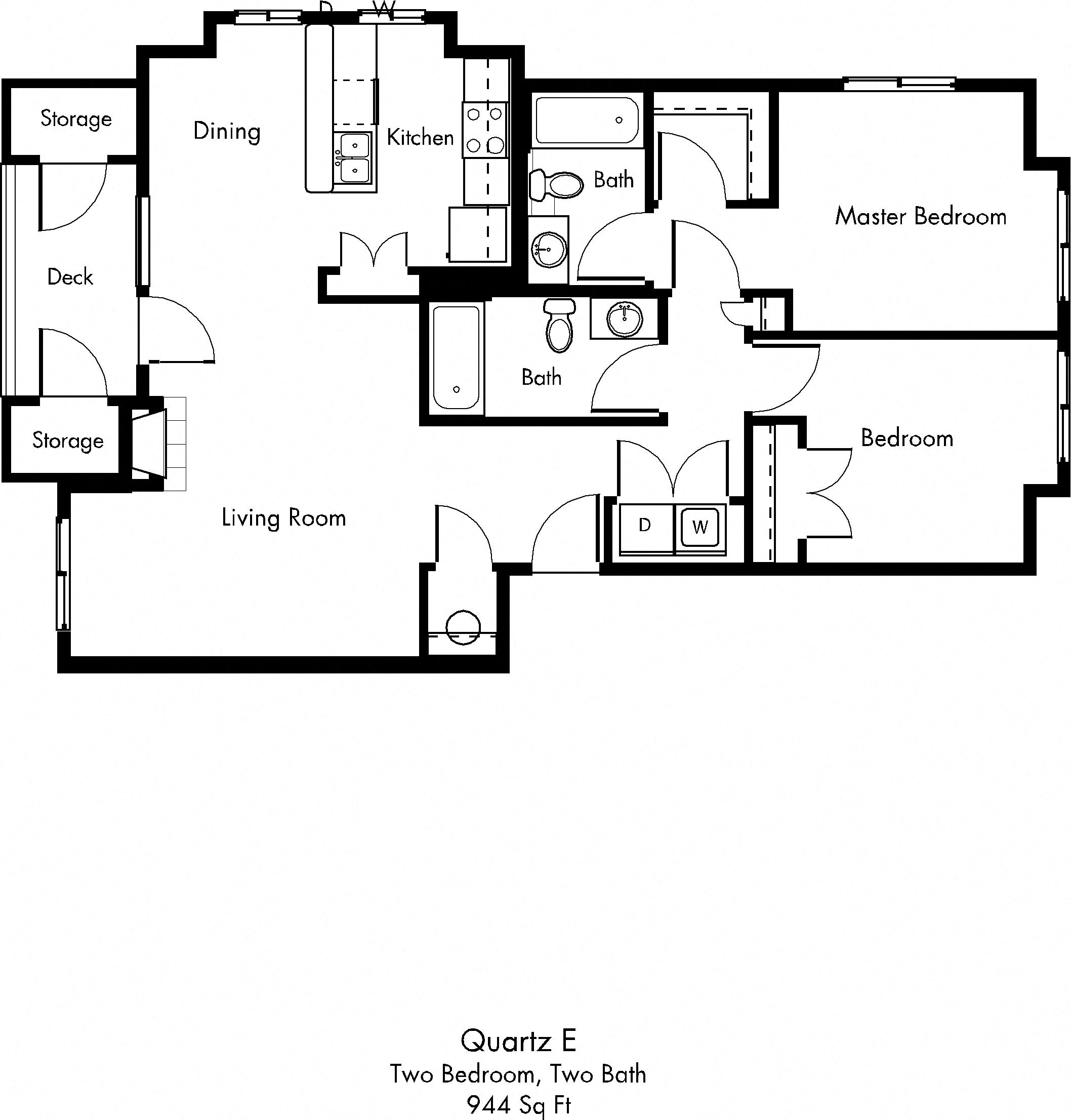 Floor plan for 2 beds, 2 baths, 944 sqft